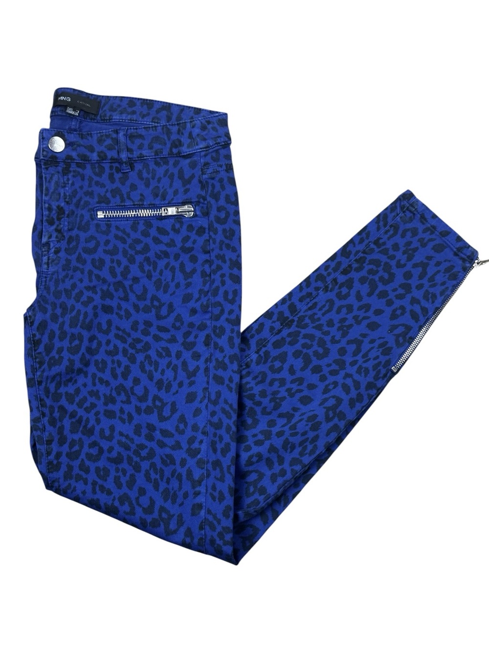 MNG Blue & Black Leopard Animal Print Denim Zipper Jeans Pants Women’s Size US 4